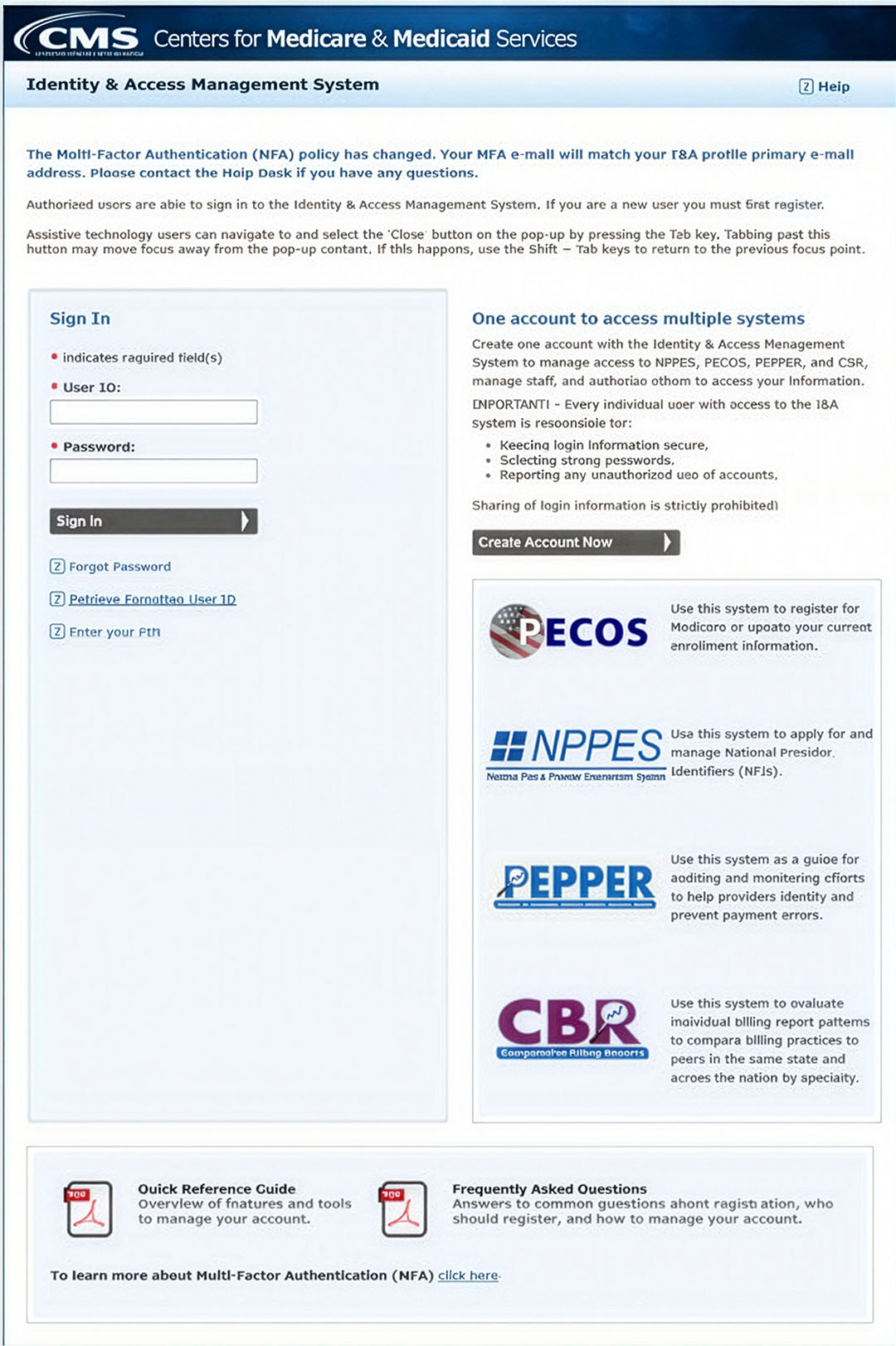 CMS Identity and Access Management System sign in screen.