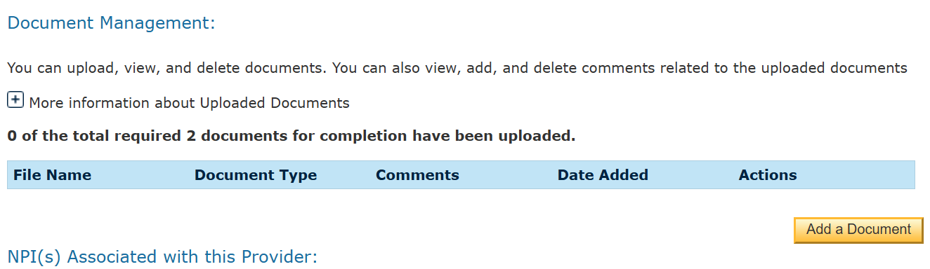 CMS I&A Document Management section showing the Add a Document button.