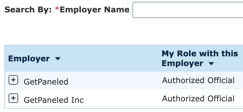 CMS I&A Employer table showing plus icons next to employer rows and Authorized Official roles.