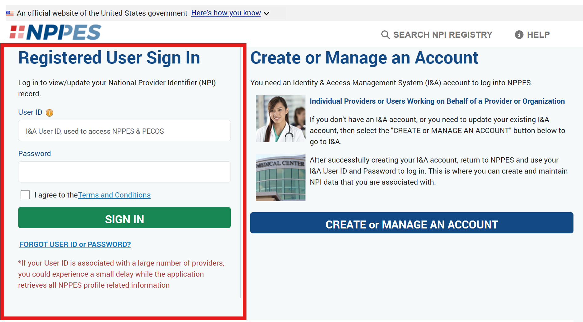 NPPES login page showing the Registered User Sign In panel.